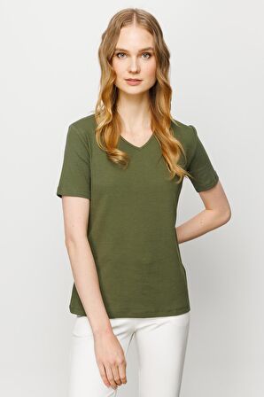 Kadın V Yaka Kaşkorse Pamuk T-shirt Haki