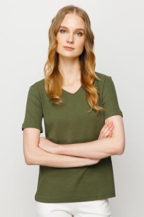 Kadın V Yaka Kaşkorse Pamuk T-shirt Haki