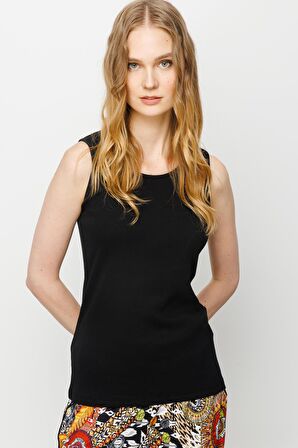 Kadın Sıfır Yaka Kaşkorse Pamuklu Askılı T-shirt Siyah