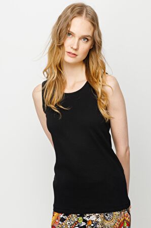 Kadın Sıfır Yaka Kaşkorse Pamuklu Askılı T-shirt Siyah