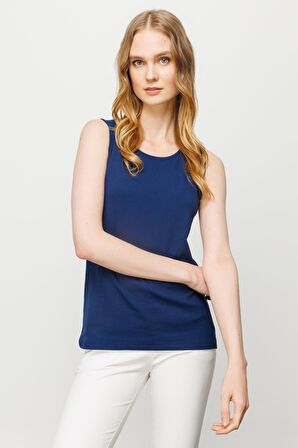 Kadın Sıfır Yaka Kaşkorse Pamuklu Askılı T-shirt Lacivert