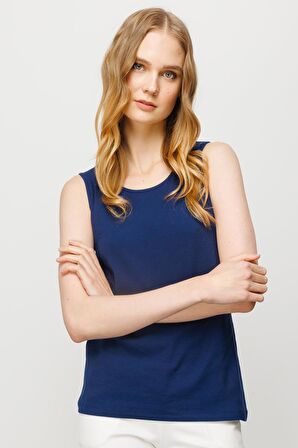 Kadın Sıfır Yaka Kaşkorse Pamuklu Askılı T-shirt Lacivert