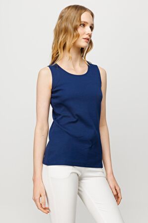Kadın Sıfır Yaka Kaşkorse Pamuklu Askılı T-shirt Lacivert
