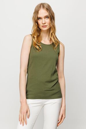 Kadın Sıfır Yaka Kaşkorse Pamuklu Askılı T-shirt Haki