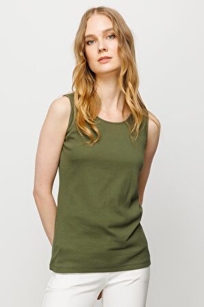Kadın Sıfır Yaka Kaşkorse Pamuklu Askılı T-shirt Haki