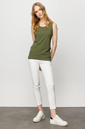 Kadın Sıfır Yaka Kaşkorse Pamuklu Askılı T-shirt Haki