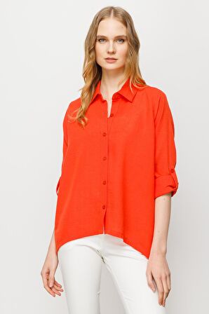 Kadın Geniş Kesim Düz Keten Gömlek Oranj