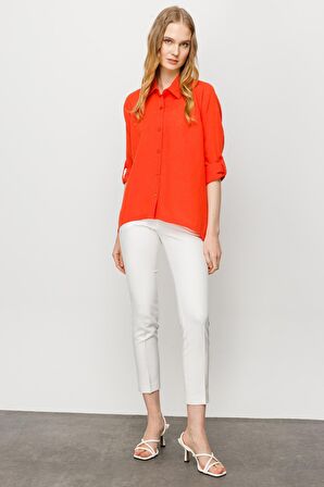 Kadın Geniş Kesim Düz Keten Gömlek Oranj
