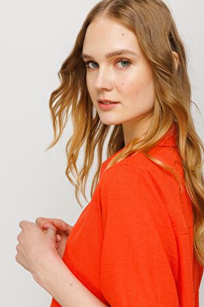 Kadın Geniş Kesim Düz Keten Gömlek Oranj