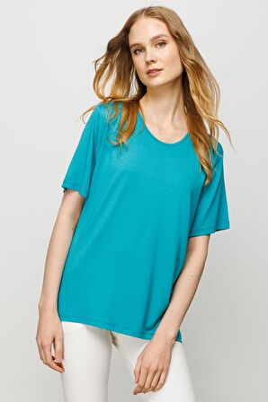 Kadın Sıfır Yaka Basic Penye T-shirt Yeşil