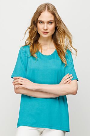 Kadın Sıfır Yaka Basic Penye T-shirt Yeşil