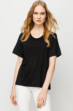 Kadın Sıfır Yaka Basic Penye T-shirt Siyah