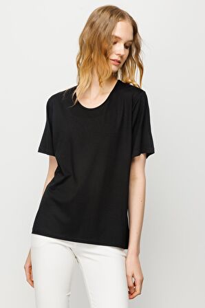 Kadın Sıfır Yaka Basic Penye T-shirt Siyah