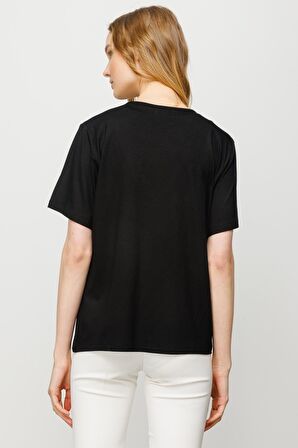 Kadın Sıfır Yaka Basic Penye T-shirt Siyah