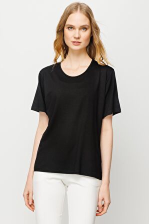 Kadın Sıfır Yaka Basic Penye T-shirt Siyah