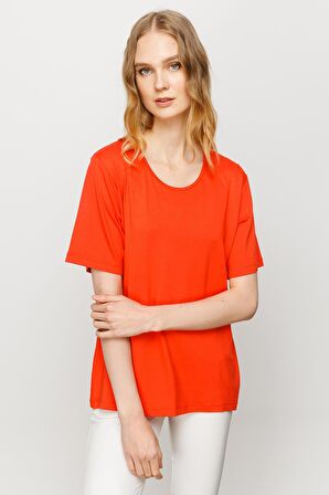 Kadın Sıfır Yaka Basic Penye T-shirt Oranj