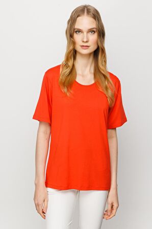 Kadın Sıfır Yaka Basic Penye T-shirt Oranj