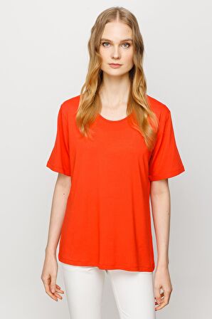 Kadın Sıfır Yaka Basic Penye T-shirt Oranj