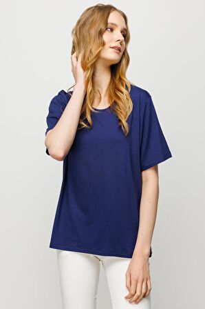 Kadın Sıfır Yaka Basic Penye T-shirt Lacivert
