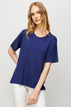 Kadın Sıfır Yaka Basic Penye T-shirt Lacivert