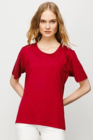 Kadın Sıfır Yaka Basic Penye T-shirt Bordo
