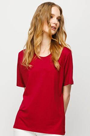 Kadın Sıfır Yaka Basic Penye T-shirt Bordo
