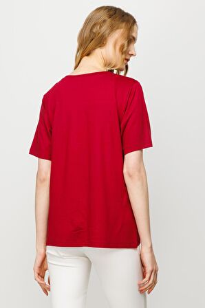 Kadın Sıfır Yaka Basic Penye T-shirt Bordo