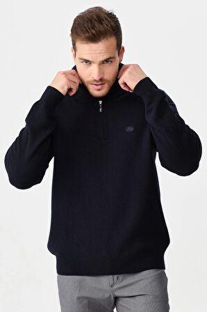 Erkek Fermuarlı Yaka Klasik Yün Kazak Y.A Lacivert