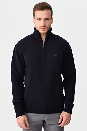 Erkek Fermuarlı Yaka Klasik Yün Kazak Y.A Lacivert