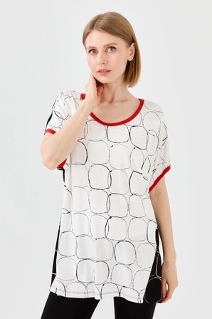 Kadın Yakası ve Kolu Sarı Bantlı Penye T-shirt Siyah/Ekru