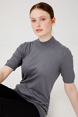 Kadın Likralı Kısa Kollu Yarım Balıkçı Bluz Füme