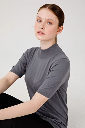 Kadın Likralı Kısa Kollu Yarım Balıkçı Bluz Füme