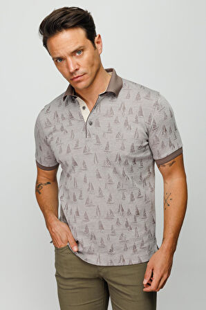 Erkek Polo Yaka Yelken Desenli T-shirt Bej
