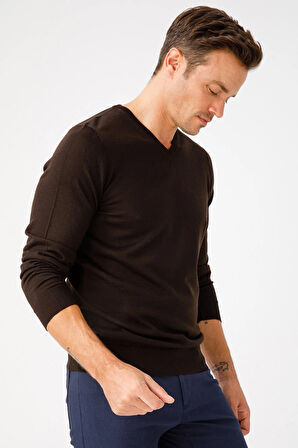 Erkek Basic V Yaka İnce Triko Kazak Koyu Kahve