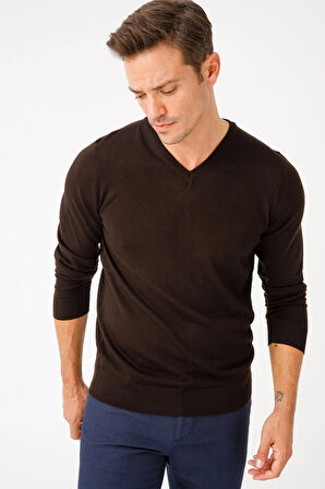 Erkek Basic V Yaka İnce Triko Kazak Koyu Kahve