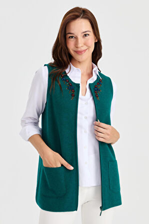 Kadın Sıfır Yaka Kenarı Dantel İşlemeli Yün Yelek K.Ö.başı