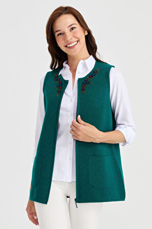 Kadın Sıfır Yaka Kenarı Dantel İşlemeli Yün Yelek K.Ö.başı