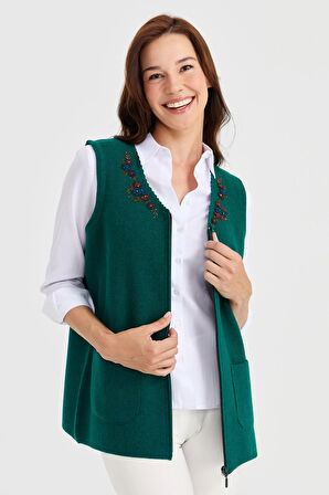 Kadın V Yaka Kenarı Dantel İşlemeli Yün Yelek K.Ö.başı