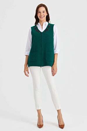 Kadın V Yaka Kenarı Dantel İşlemeli Yün Yelek K.Ö.başı