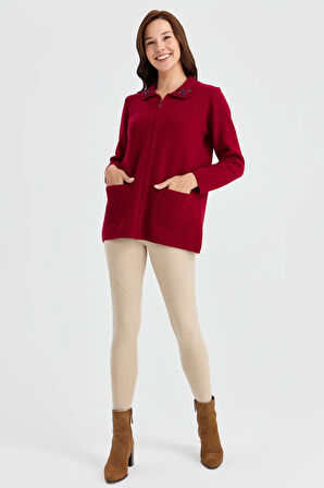 Kadın Polo Yaka Kenarı Dantel İşlemeli Yün Hırka V.Çürüğü