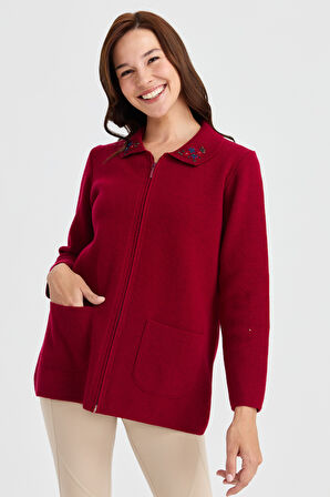 Kadın Polo Yaka Kenarı Dantel İşlemeli Yün Hırka V.Çürüğü