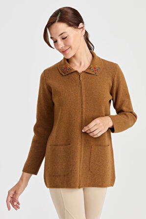 Kadın Polo Yaka Kenarı Dantel İşlemeli Yün Hırka K.taba