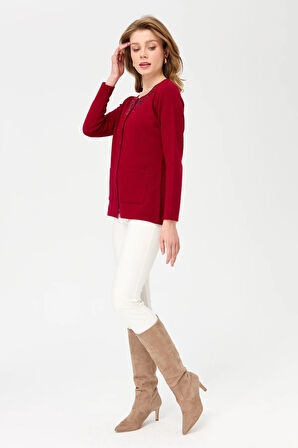 Kadın Sıfır Yaka Kenarı Dantel İşlemeli Yün Hırka V.Çürüğü