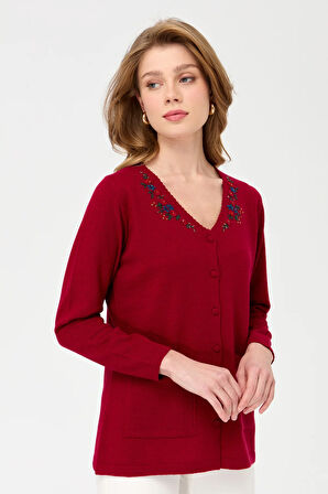 Kadın V Yaka Kenarı Dantel İşlemeli Yün Hırka V.Çürüğü