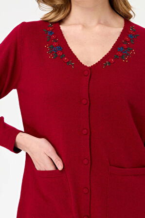 Kadın V Yaka Kenarı Dantel İşlemeli Yün Hırka V.Çürüğü