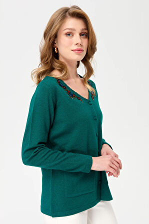 Kadın V Yaka Kenarı Dantel İşlemeli Yün Hırka K.Ö.başı