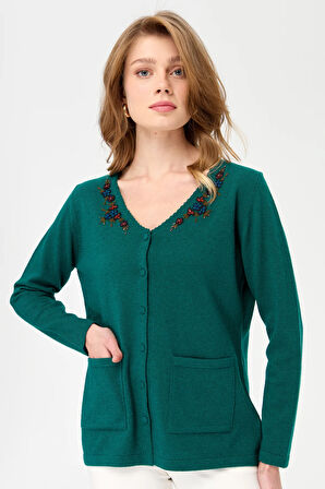 Kadın V Yaka Kenarı Dantel İşlemeli Yün Hırka K.Ö.başı