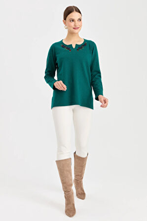 Kadın Sıfır Yaka Kenarı Dantel İşlemeli Yün Kazak K.Ö.başı