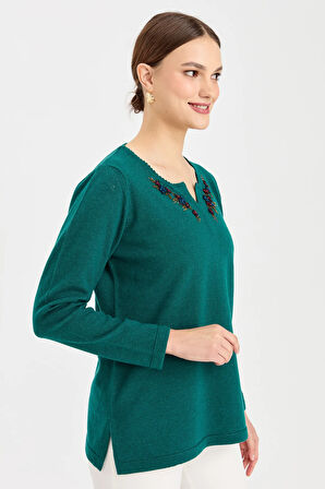 Kadın Sıfır Yaka Kenarı Dantel İşlemeli Yün Kazak K.Ö.başı