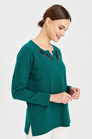 Kadın Sıfır Yaka Kenarı Dantel İşlemeli Yün Kazak K.Ö.başı